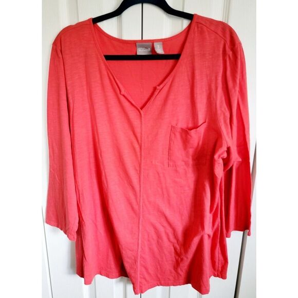 Chico's 3 Orange Cotton Blend V-Neck Short Sleeve T-Shirt XL Chest Pckt - Picture 1 of 8